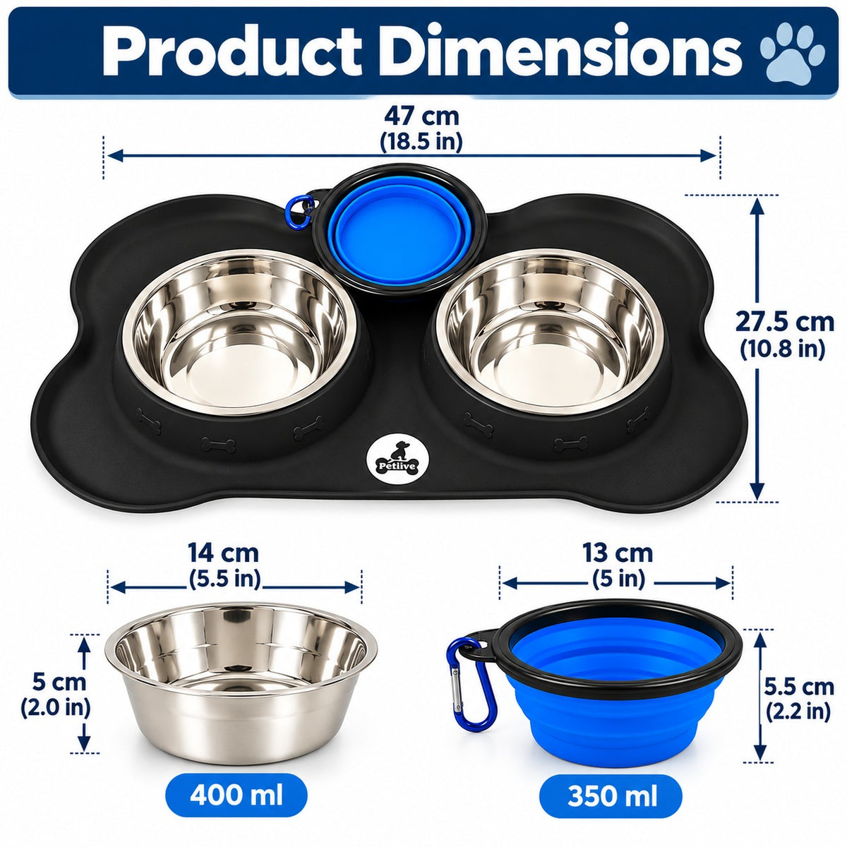 Stainless Steel Dog Bowls with Non slip Silicone Mat | 2 x 400ML Food Bowl for Dogs & Cats | Dishwasher Safe Puppies Feeding Bowls