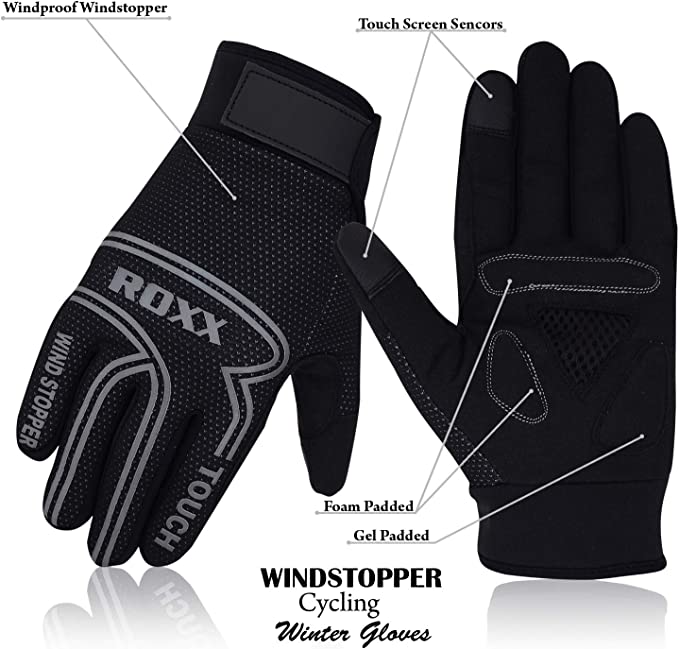 ROXX Cycling Gloves Windproof Gel Padded Touchscreen Full Finger Skidproof Biking Gloves