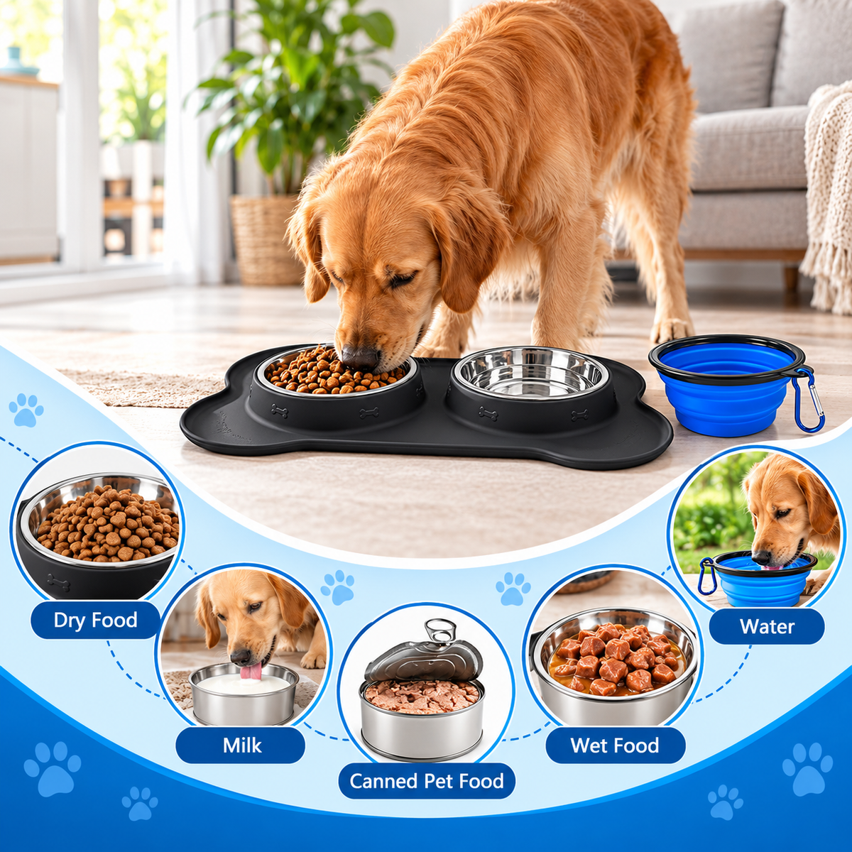 Stainless Steel Dog Bowls with Non slip Silicone Mat | 2 x 400ML Food Bowl for Dogs & Cats | Dishwasher Safe Puppies Feeding Bowls