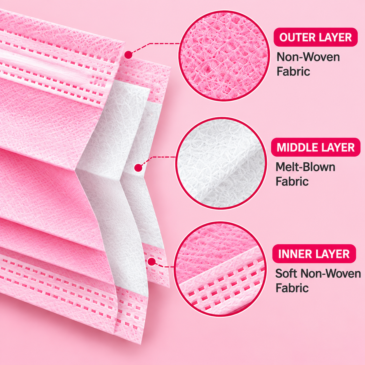 ROXX Disposable Face Masks Pink, 50 Pack, 3-Ply Non-Woven Face Coverings, Lightweight Pleated Design with Elastic Ear Loops, Everyday Use