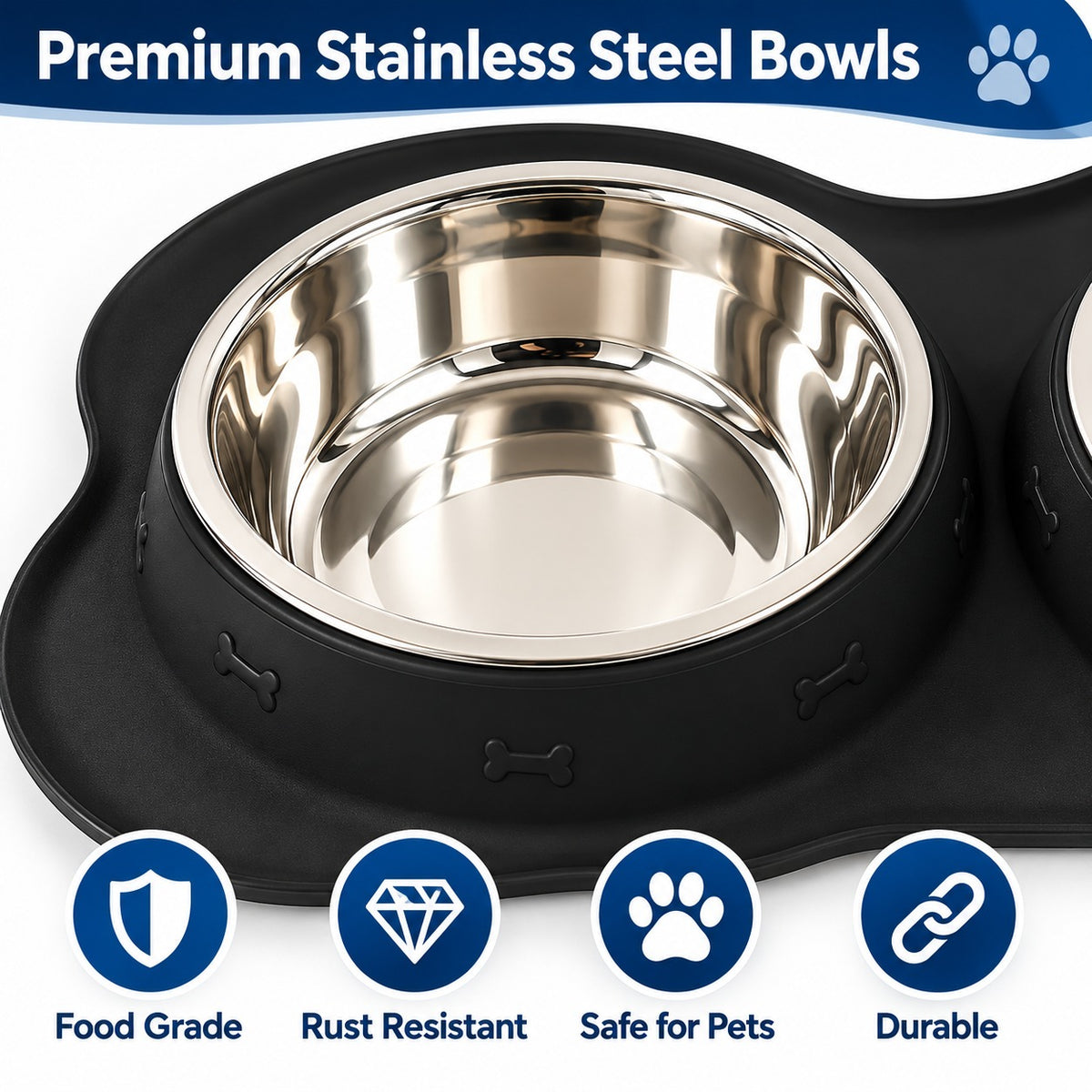 Stainless Steel Dog Bowls with Non slip Silicone Mat | 2 x 400ML Food Bowl for Dogs & Cats | Dishwasher Safe Puppies Feeding Bowls