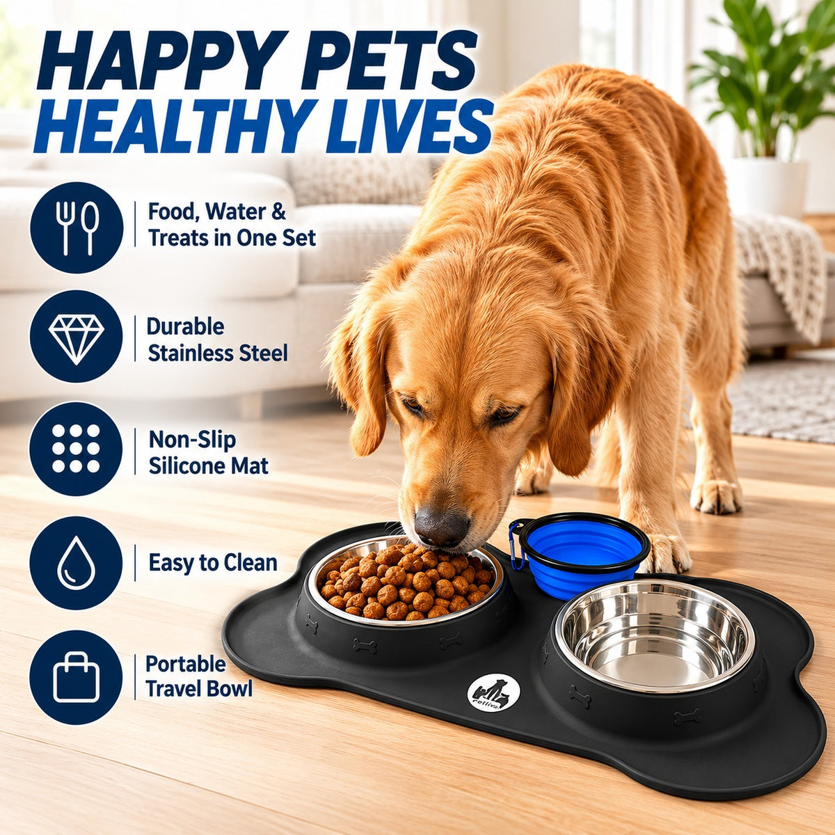 Stainless Steel Dog Bowls with Non slip Silicone Mat | 2 x 400ML Food Bowl for Dogs & Cats | Dishwasher Safe Puppies Feeding Bowls