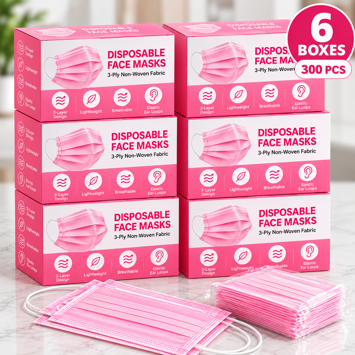 ROXX Disposable Face Masks Pink, 50 Pack, 3-Ply Non-Woven Face Coverings, Lightweight Pleated Design with Elastic Ear Loops, Everyday Use