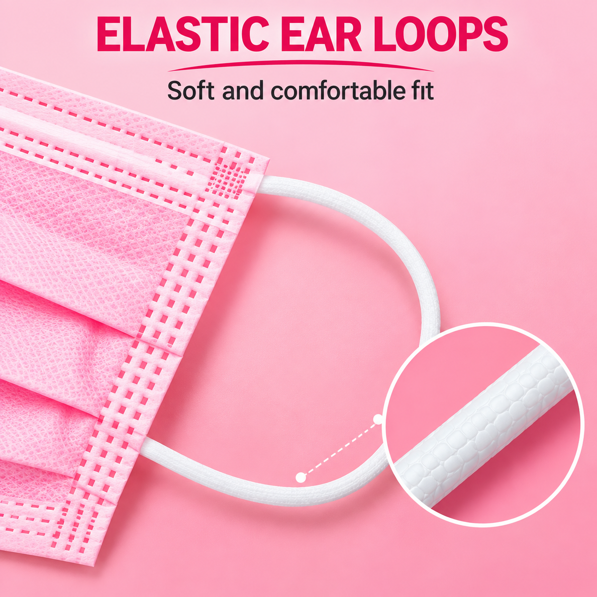 ROXX Disposable Face Masks Pink, 50 Pack, 3-Ply Non-Woven Face Coverings, Lightweight Pleated Design with Elastic Ear Loops, Everyday Use