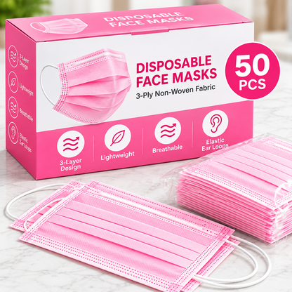 ROXX Disposable Face Masks Pink, 50 Pack, 3-Ply Non-Woven Face Coverings, Lightweight Pleated Design with Elastic Ear Loops, Everyday Use