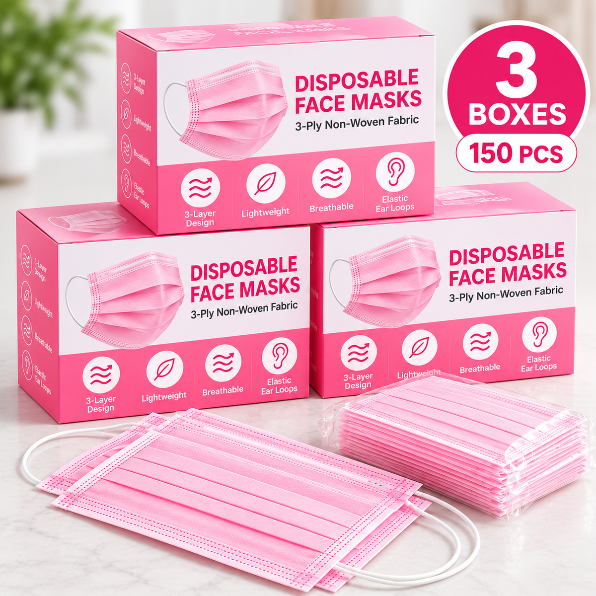 ROXX Disposable Face Masks Pink, 50 Pack, 3-Ply Non-Woven Face Coverings, Lightweight Pleated Design with Elastic Ear Loops, Everyday Use